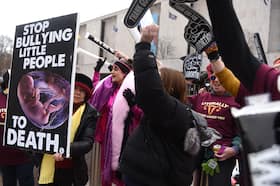 Thousands of antiabortion demonstrators at the March for Life in Washington last January are greeted by counterprotesters.