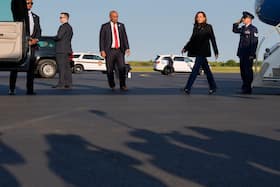 Vice President Kamala Harris arrives on Air Force Two at Atlantic Aviation Philadelphia on Monday.